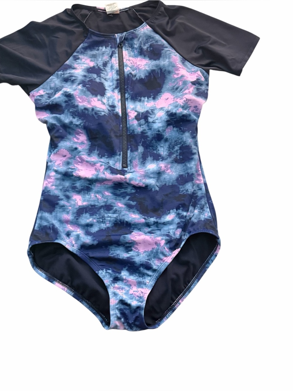 Avia Navy and Pink Short-Sleeve Front-Zip One-Piece Swimwear